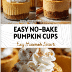Creamy no bake pumpkin cheesecake cups topped with whipped cream and cinnamon in glass jars.
